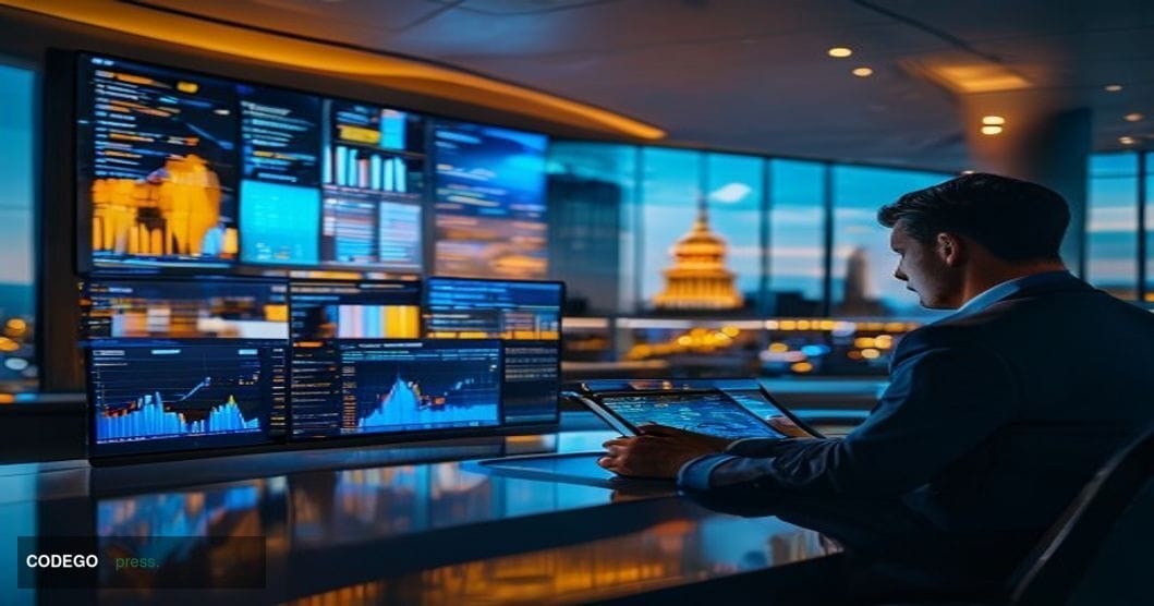 A cinematic editorial photograph set inside a modern American bank operations center, with large curved screens displaying re