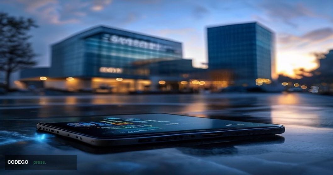 A cinematic editorial photograph set at Samsung's Korean corporate campus in Suwon, South Korea, with the iconic Samsung Elec