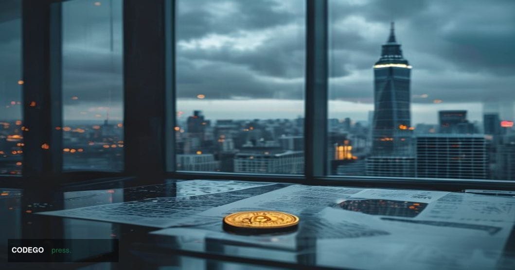A cinematic editorial photograph set in the financial district of London, with the iconic Gherkin tower visible in the soft-f