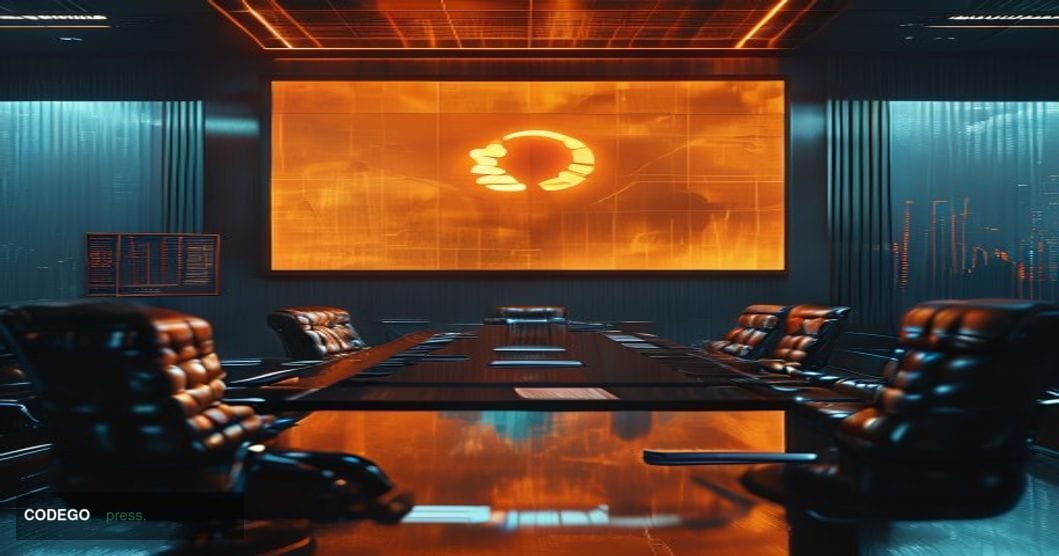 A dramatic cinematic editorial photograph set in a dimly lit Bitcoin-themed boardroom environment, with a large central scree