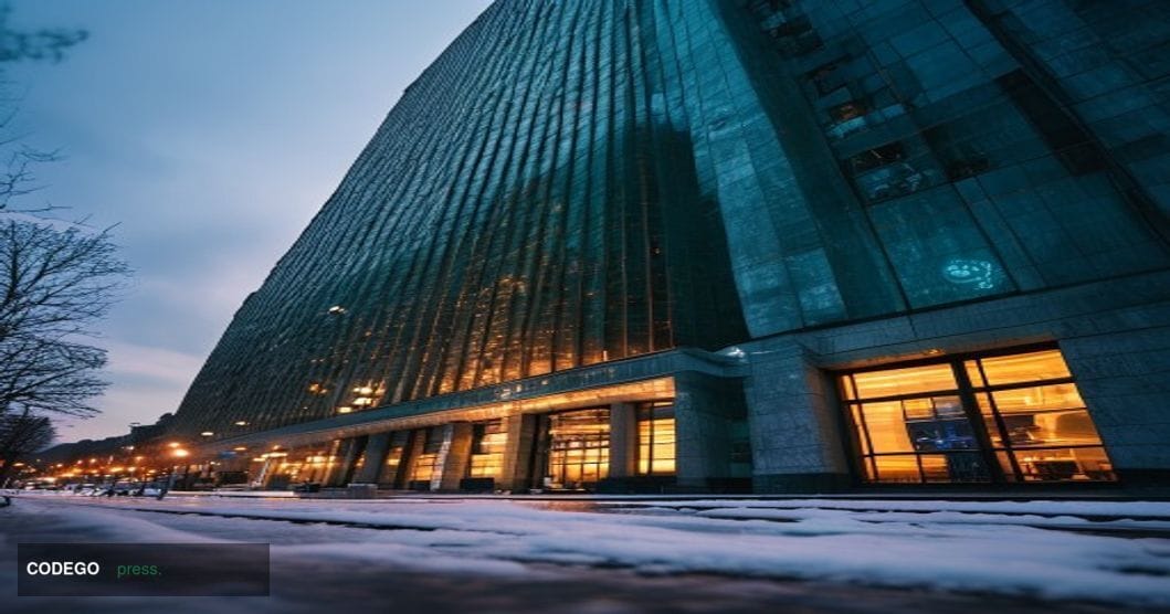 A photorealistic cinematic editorial photograph of Sberbank's iconic Moscow headquarters — the imposing green-facade tower on