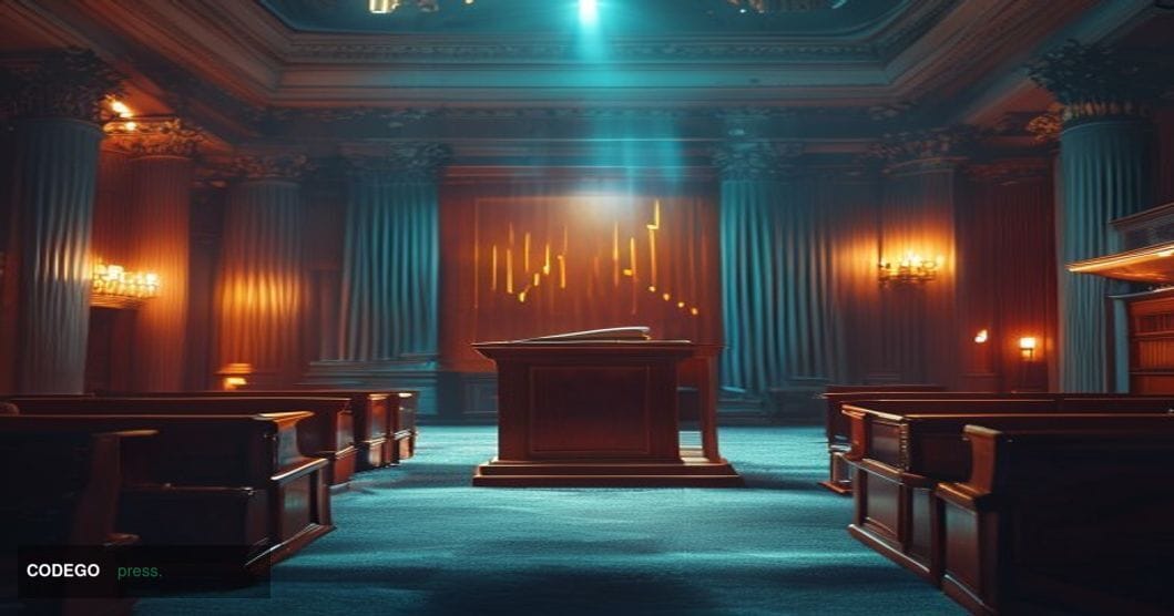 A dramatic wide-angle shot of the United States Senate chamber interior in Washington D.C., captured from a low angle looking