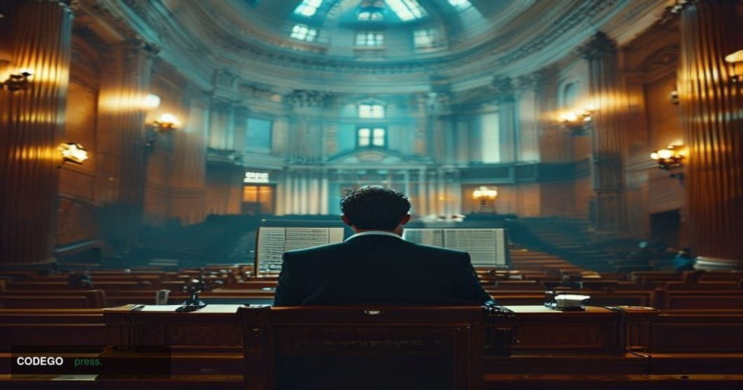 A dramatic, cinematic editorial photograph set inside a grand federal government hearing chamber in Washington D.C., with orn
