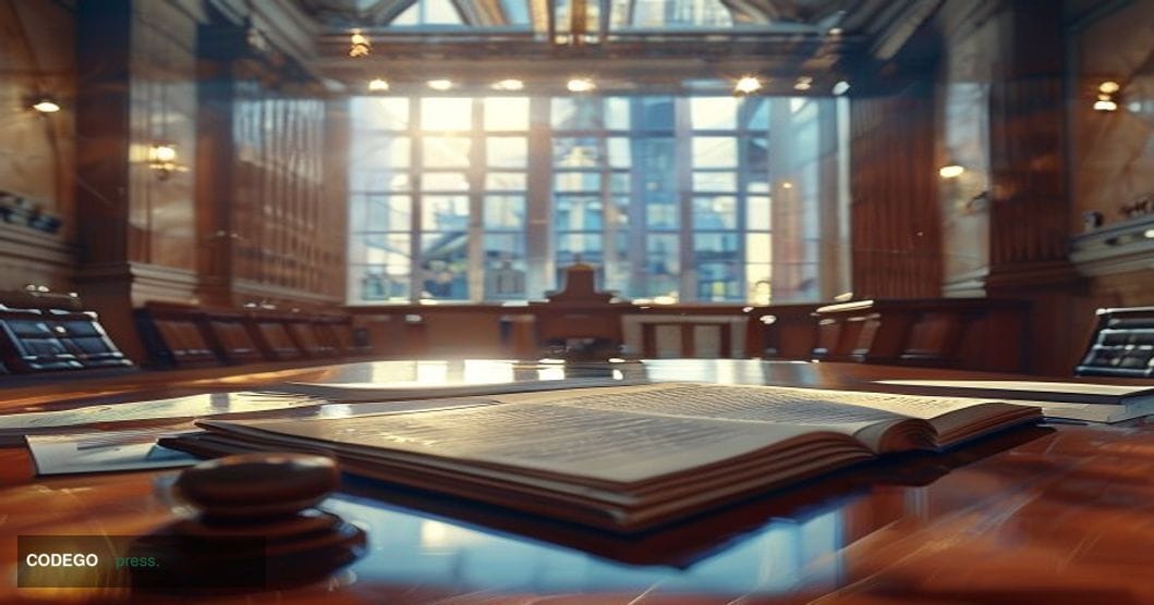 A photorealistic editorial photograph set inside a formal SEC hearing chamber in Washington D.C., with the iconic neoclassica