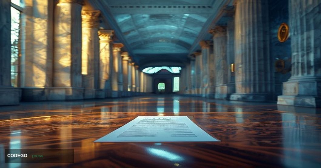 A photorealistic cinematic editorial photograph set inside a formal Washington D.C. federal government corridor, shot from a 