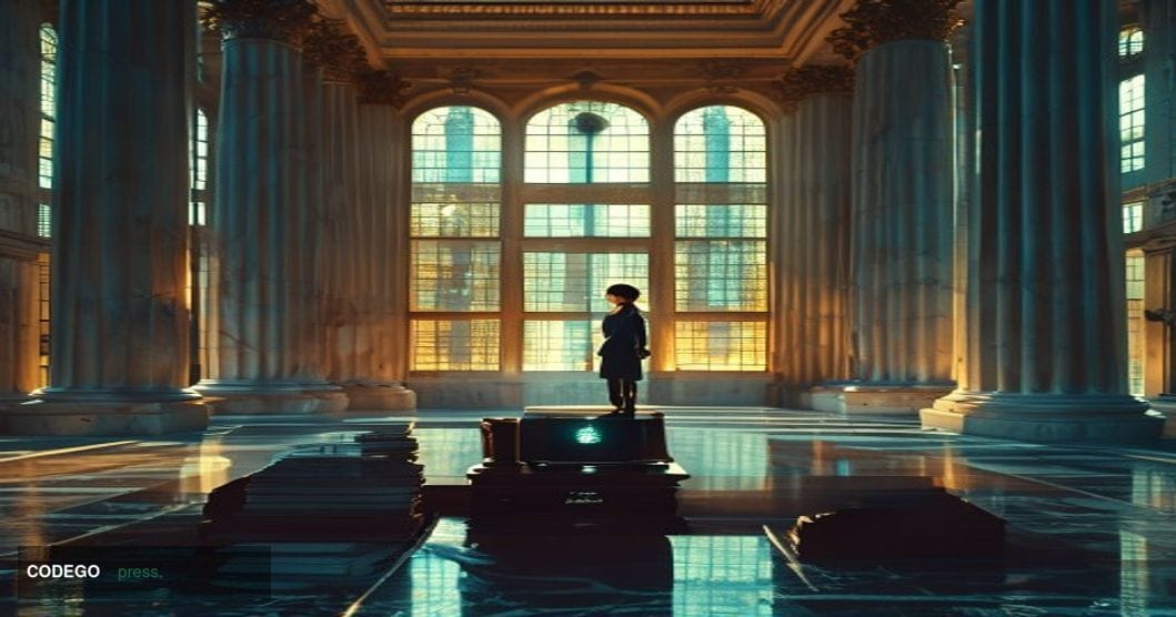 A cinematic editorial photograph set inside a grand neoclassical government building reminiscent of the SEC's Washington D.C.