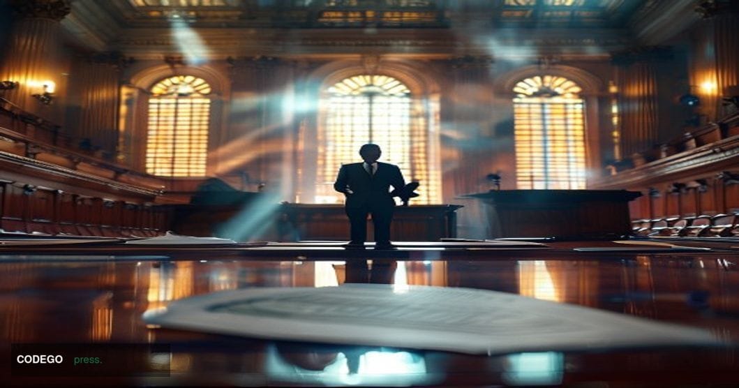 A cinematic editorial photograph set inside a grand neoclassical government hearing chamber modeled after the SEC's Washingto