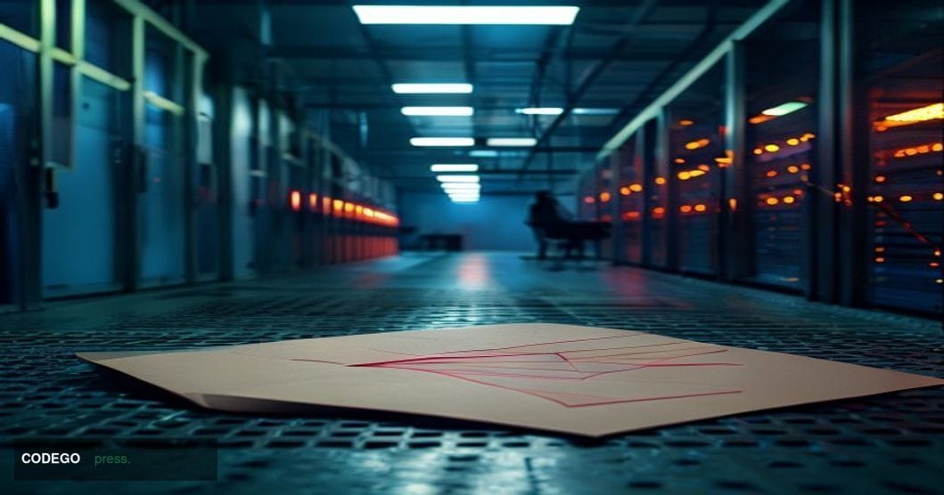 A cinematic editorial photograph set inside a dimly lit, industrial-style server room that has been largely gutted and left d