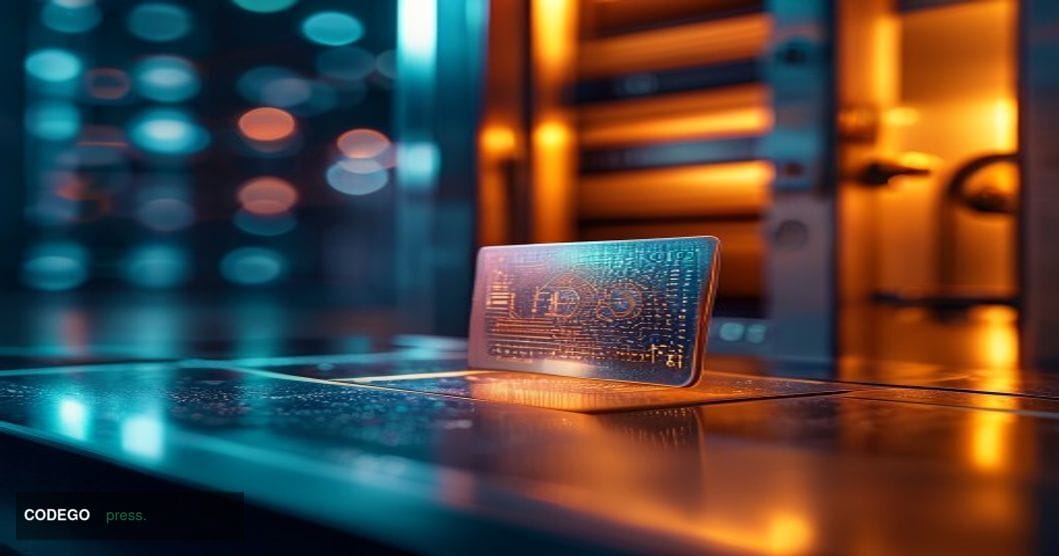 # Image Prompt:

A split-composition photograph showing a modern metallic cryptocurrency card in sharp focus on a sleek glass
