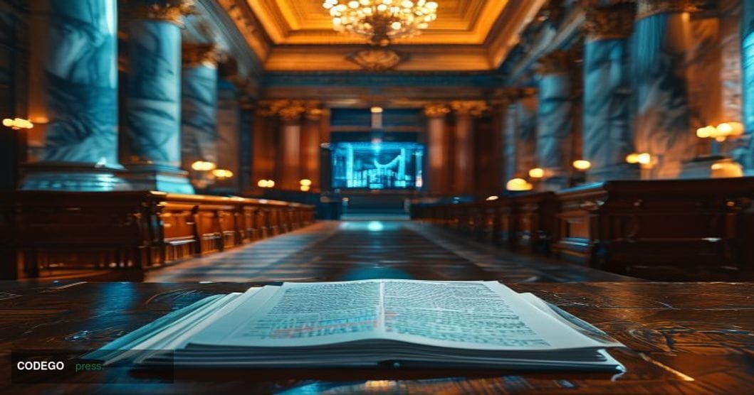 A cinematic editorial photograph of the United States Senate chamber interior, shot from a low angle looking toward the Senat