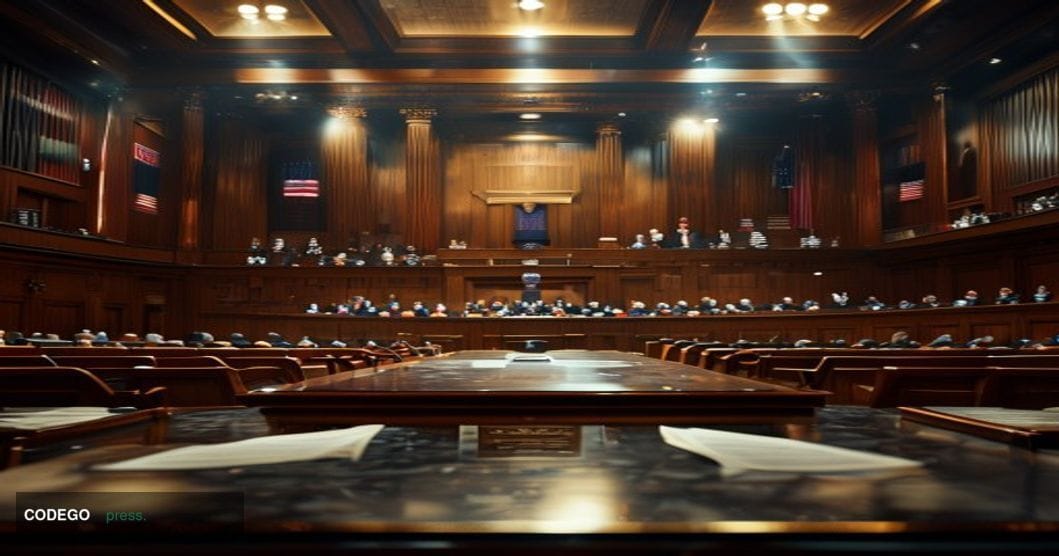 A photorealistic editorial photograph set inside a grand United States Senate hearing chamber, captured from a low-angle pers
