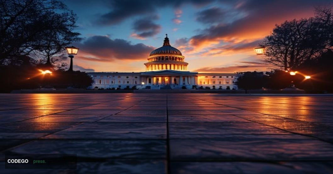 A photorealistic editorial photograph of the United States Capitol building in Washington D.C. captured at dusk, with warm am
