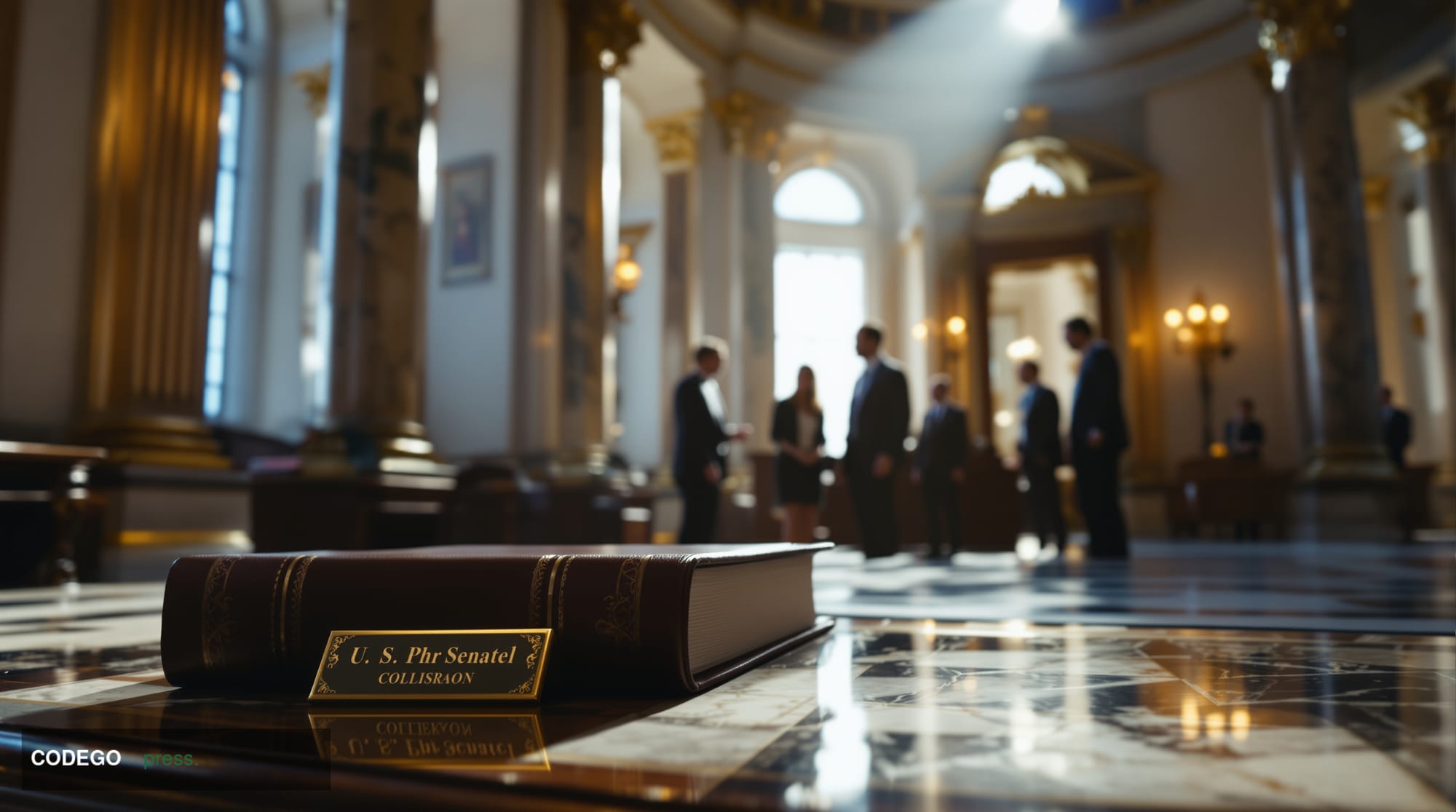 A cinematic editorial photograph set inside a grand Senate chamber corridor in Washington D.C., featuring the ornate neoclass