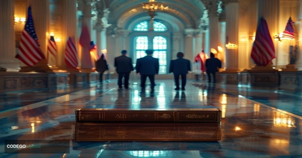 A cinematic editorial photograph shot inside a grand United States Senate chamber corridor, marble columns and American flags