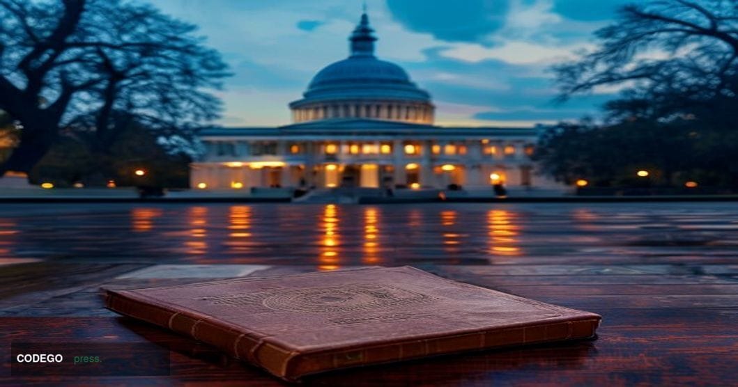 A cinematic editorial photograph of the United States Capitol building at dusk, shot from a low-angle perspective along the m