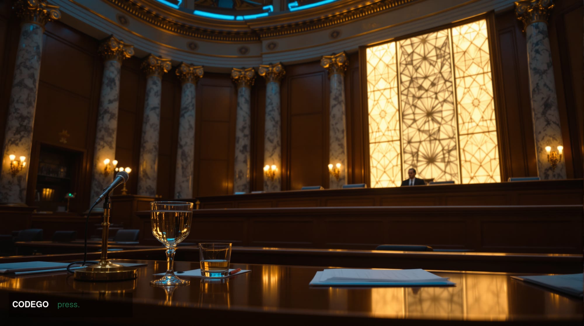 A cinematic editorial photograph set inside a grand US Senate hearing chamber, modeled on the ornate marble-columned interior