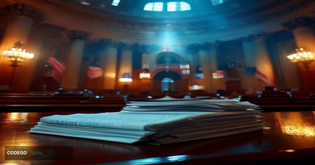 A photorealistic cinematic editorial photograph set inside a grand United States Senate chamber, shot from a low-angle perspe