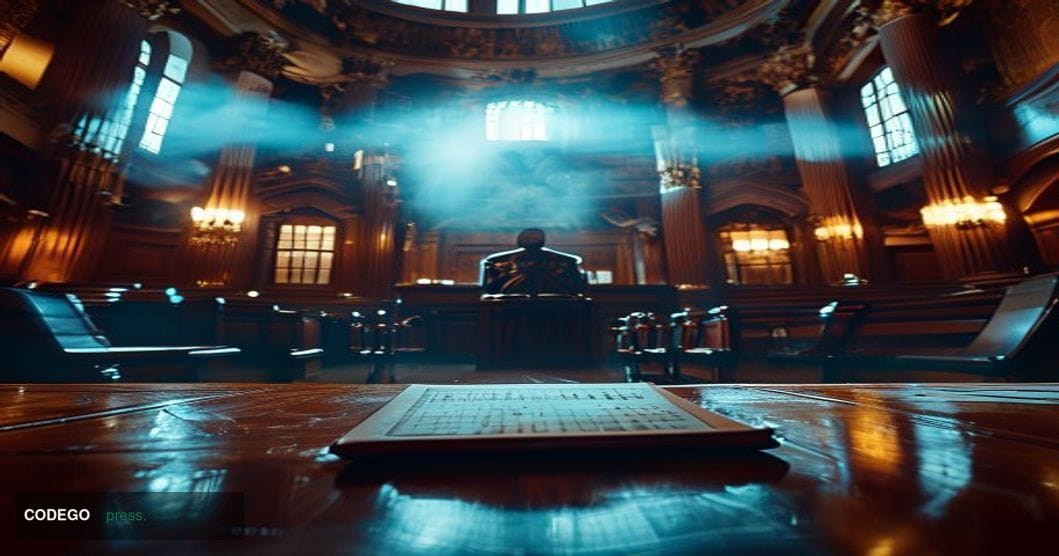 A cinematic editorial photograph set inside the United States Senate chamber, captured from a low-angle perspective looking t