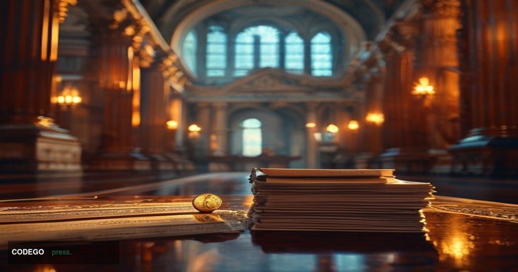 A cinematic editorial photograph set inside a grand United States Senate chamber corridor, shot from a low angle looking up t