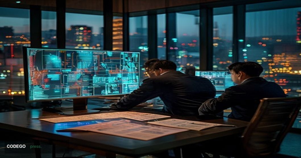 A cinematic editorial photograph set in a dimly lit Seoul cybercrime investigation unit, with detectives in formal dark suits