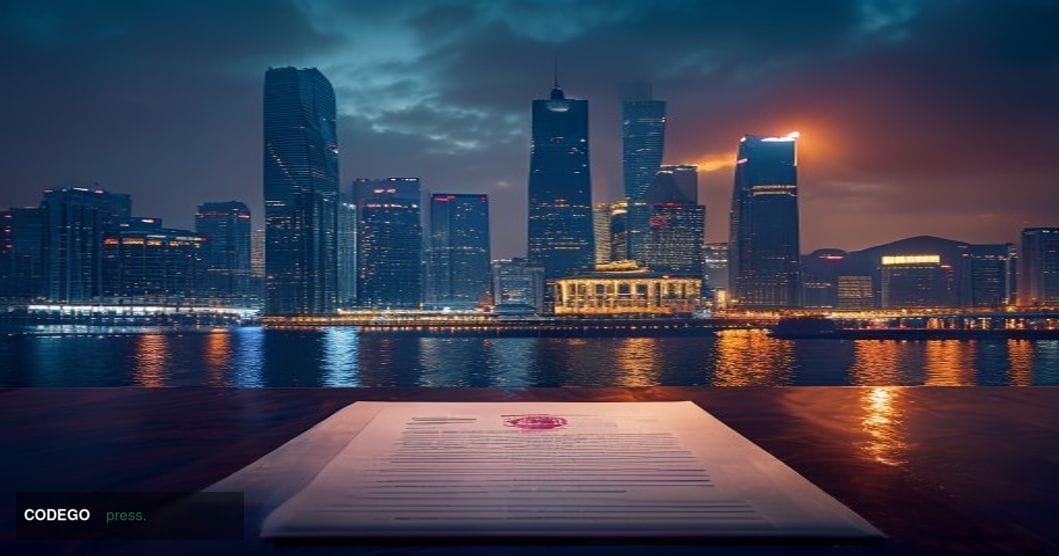 A dramatic editorial photograph set at dusk over Hong Kong's Victoria Harbour financial district skyline, with the iconic gla