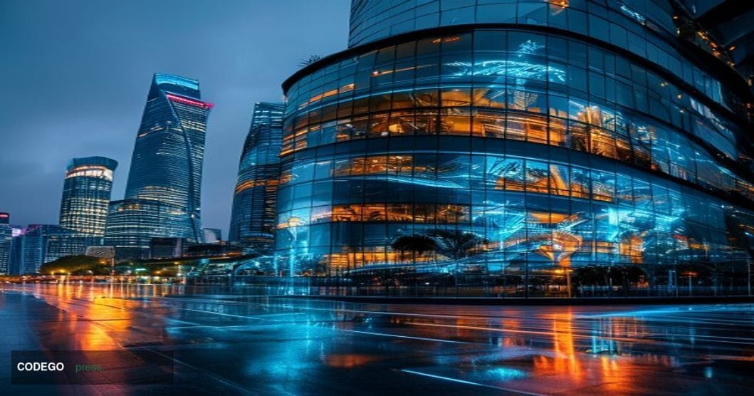 A dramatic cinematic editorial photograph set at the Monetary Authority of Singapore's distinctive curved glass headquarters 