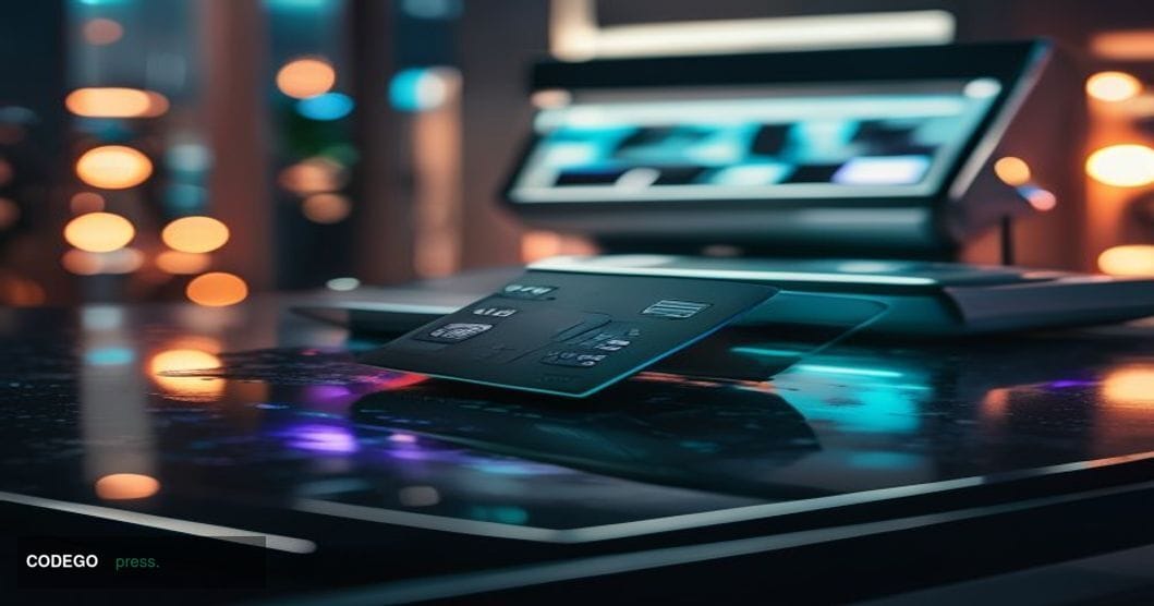 A cinematic editorial photograph centered on a sleek, futuristic black payment card resting on a polished obsidian surface, t