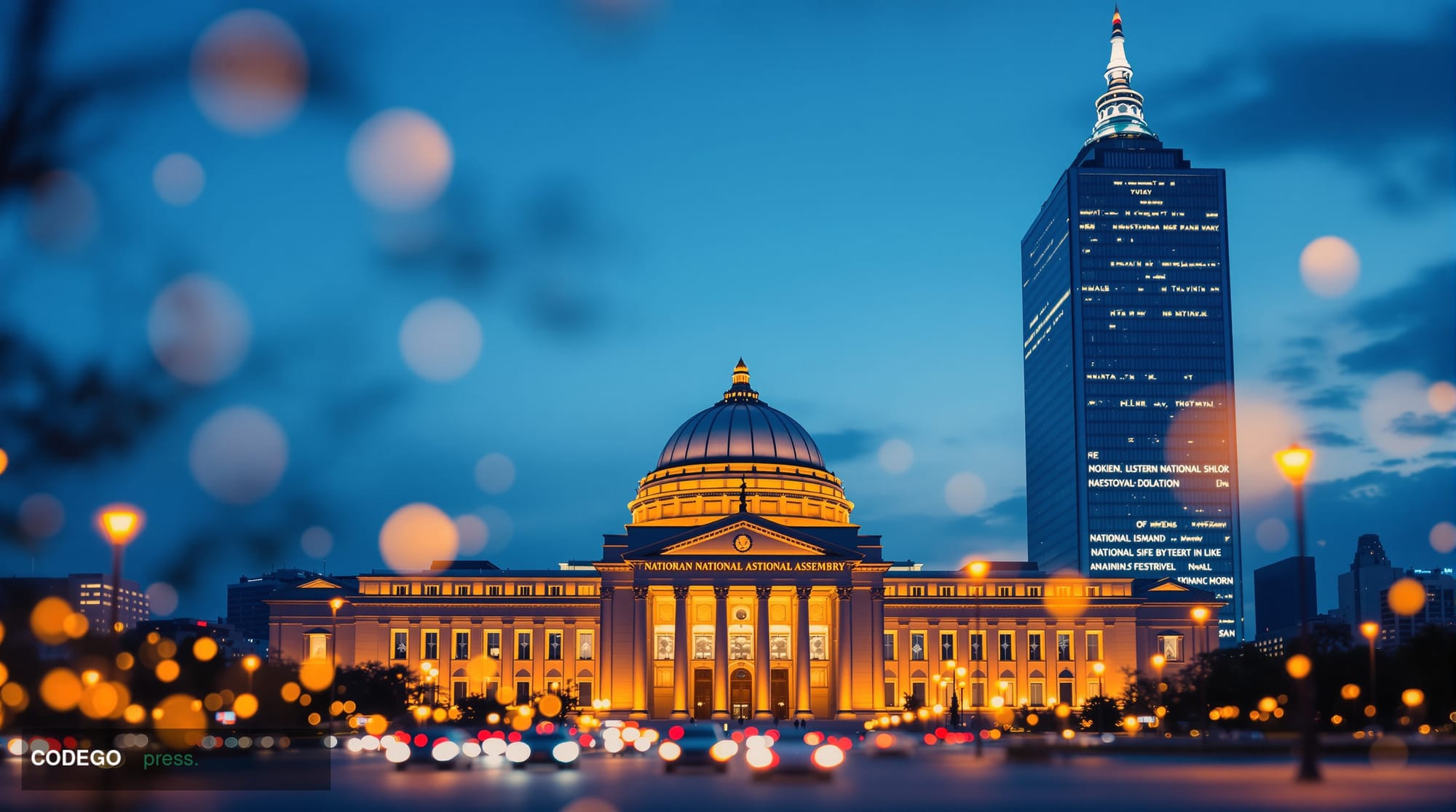 A dramatic cinematic editorial photograph of the South Korean National Assembly building in Seoul, shot at dusk from a low an