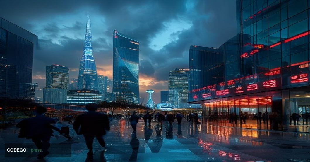 A dramatic cinematic editorial photograph of the Seoul skyline at dusk, with the iconic Namsan Tower and the Yeouido Financia