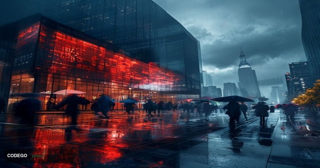 A photorealistic cinematic editorial photograph taken from street level in Seoul's Yeouido financial district, the heart of S