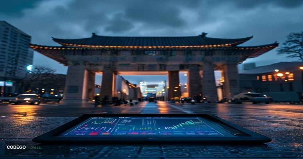A cinematic editorial photograph set in Seoul, South Korea, with the distinctive Gwanghwamun Gate or a recognizable Korean go
