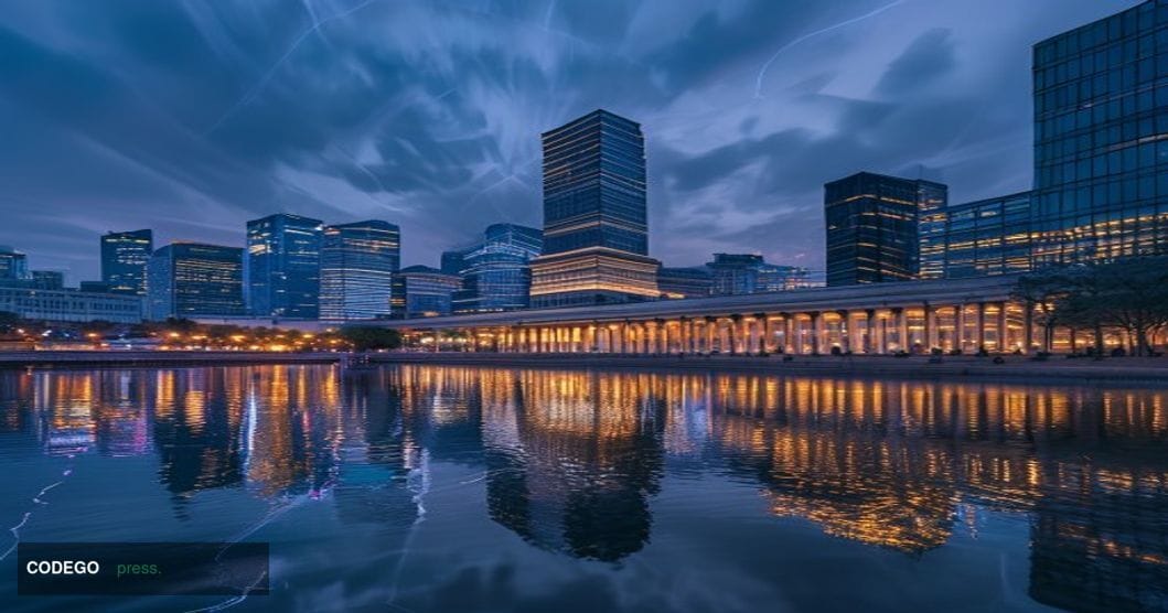 A photorealistic editorial photograph of Seoul's Yeouido financial district at dusk, the iconic skyline of glass-and-steel ba