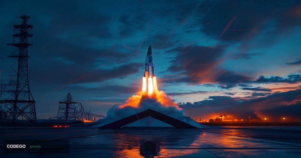 A cinematic editorial photograph of a rocket launchpad at dusk, with a gleaming white rocket standing tall against a dramatic