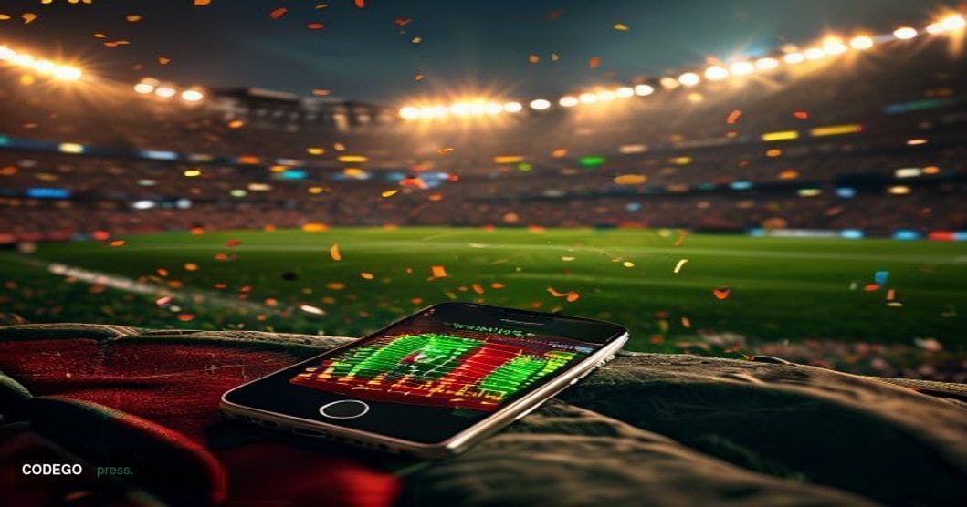 A photorealistic cinematic editorial photograph capturing the intersection of football triumph and digital finance. Foregroun