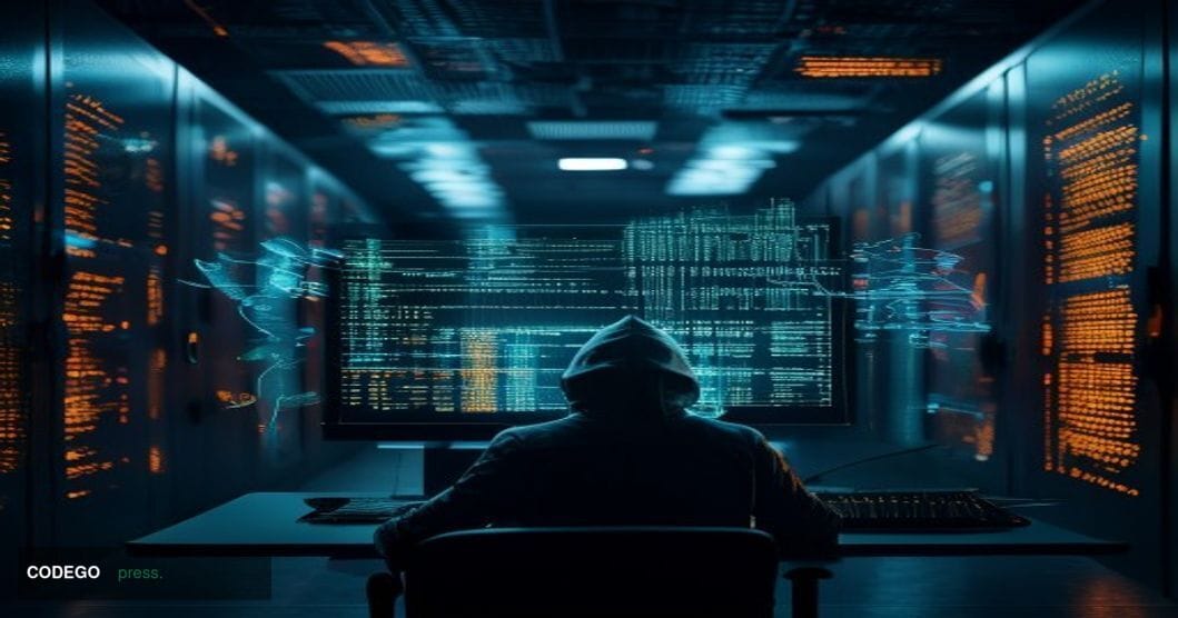 A cinematic editorial photograph set in a dark, dramatically lit server room environment evoking illicit blockchain activity.