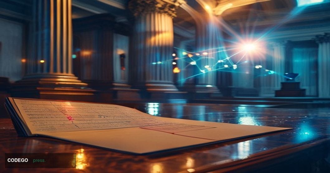 A dramatic cinematic editorial photograph set inside a dimly lit federal courthouse corridor, with marble columns and high ce