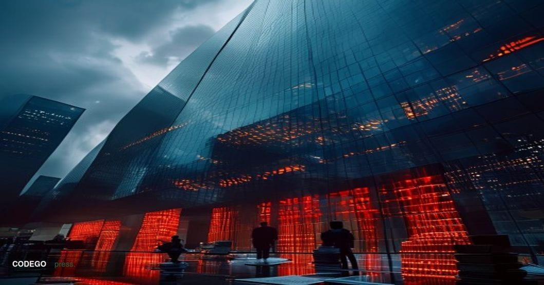 A dramatic cinematic editorial photograph of a large corporate office tower at dusk, reflecting fractured Bitcoin "B" logos i