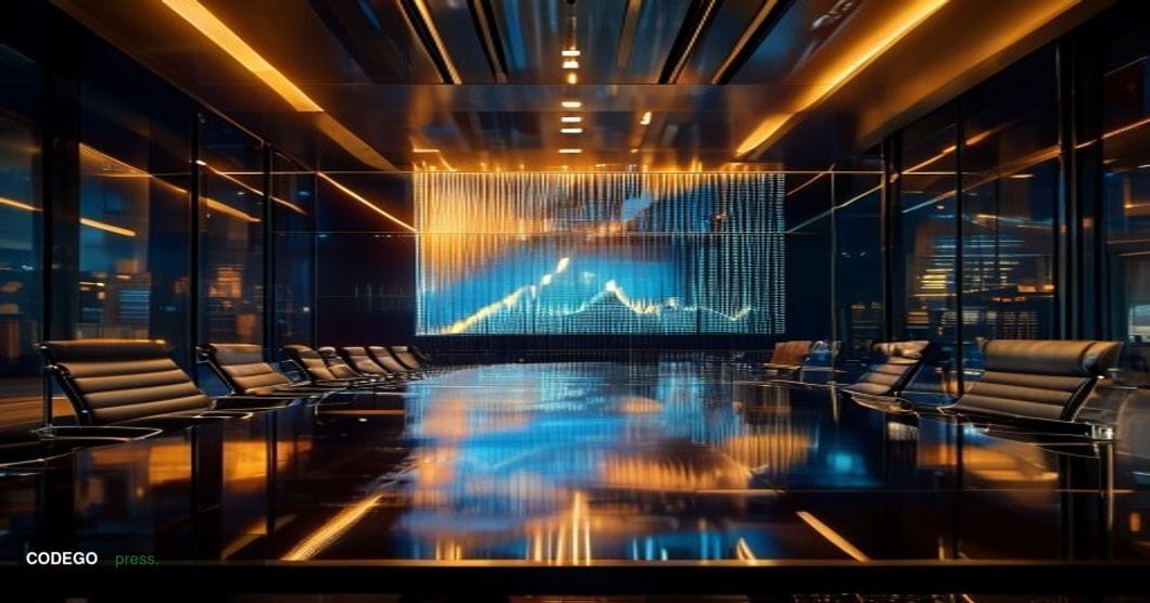 A dramatic cinematic editorial photograph centered on a sleek glass-and-steel corporate boardroom interior, identifiable as a