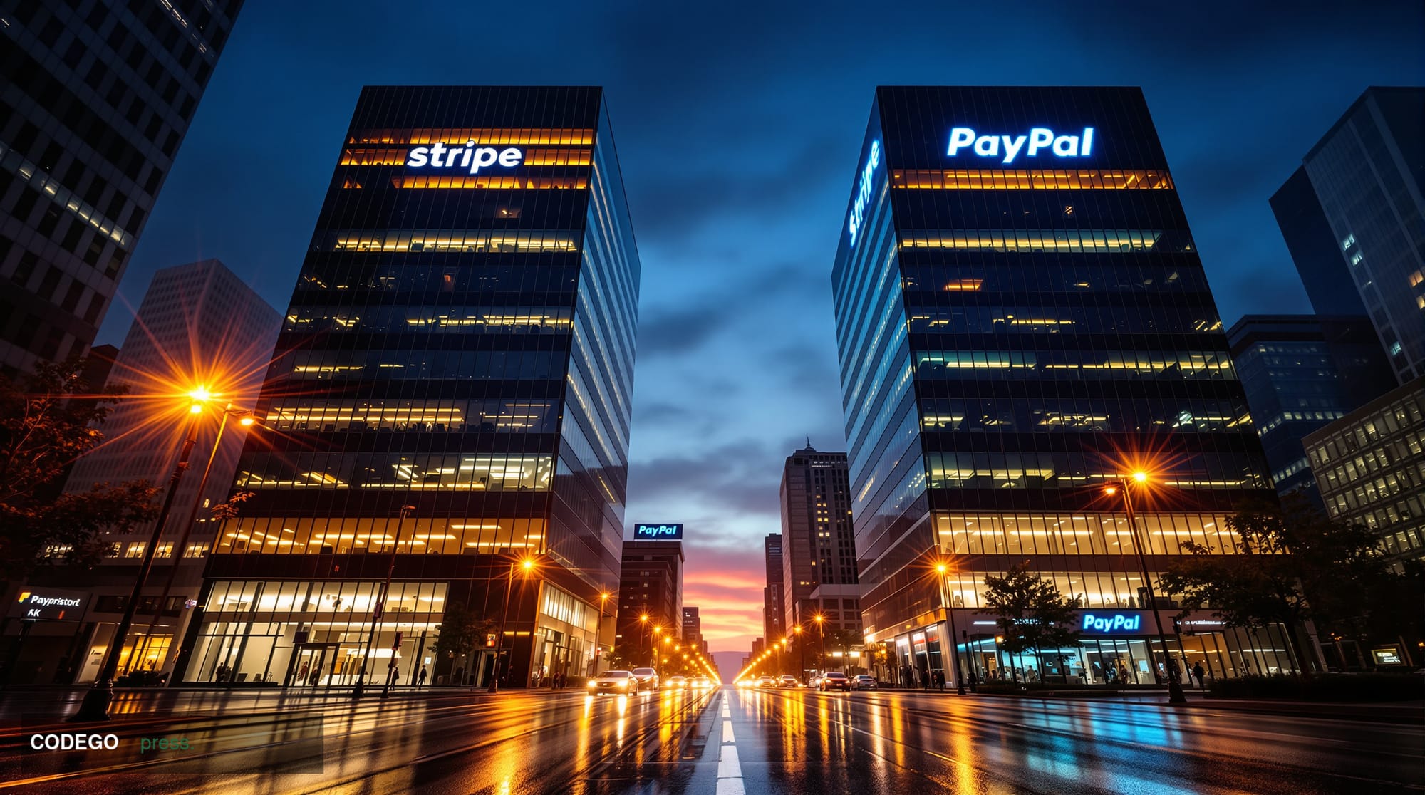 A dramatic cinematic editorial photograph set in San Francisco's financial district at dusk, with two prominent corporate off