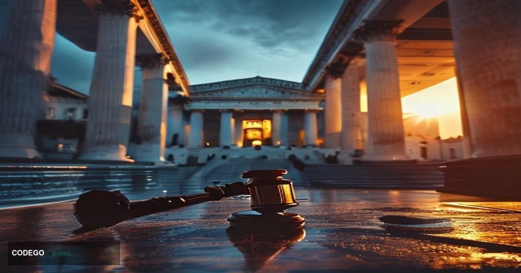 A photorealistic cinematic editorial photograph of the United States Supreme Court building in Washington D.C. captured at da