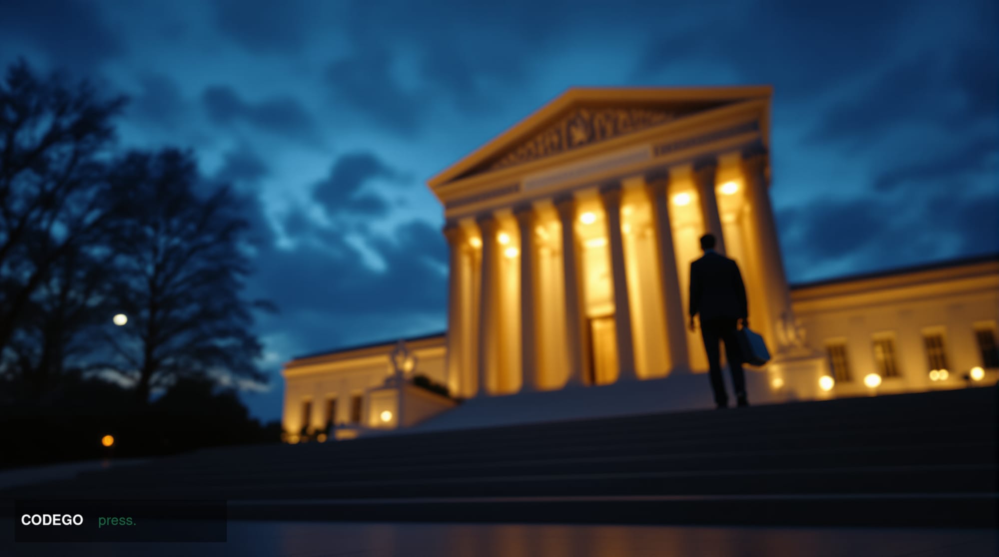 A dramatic cinematic editorial photograph set outside the neoclassical marble facade of the U.S. Supreme Court building in Wa