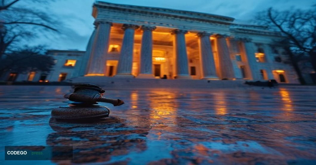 A cinematic editorial photograph of the United States Supreme Court building in Washington D.C., shot at dusk from a low angl