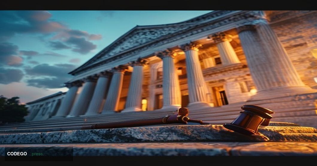 A dramatic wide-angle photorealistic editorial photograph of the United States Supreme Court building in Washington D.C. at d