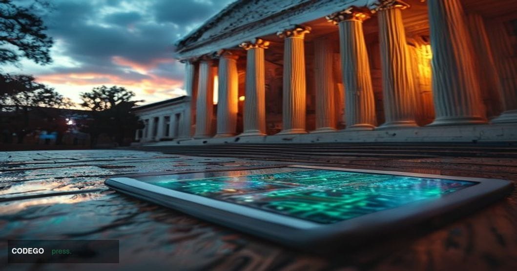 A photorealistic 8K cinematic editorial photograph of the United States Supreme Court building in Washington D.C., captured a