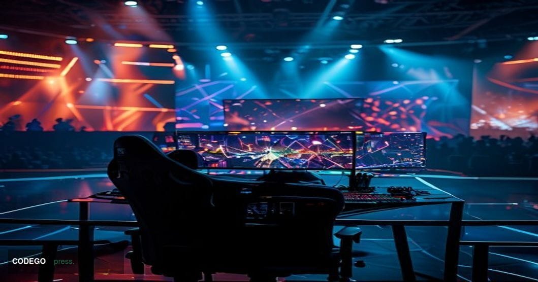 A cinematic editorial photograph set inside a high-tech esports arena at night, bathed in dramatic deep blue and amber stage 
