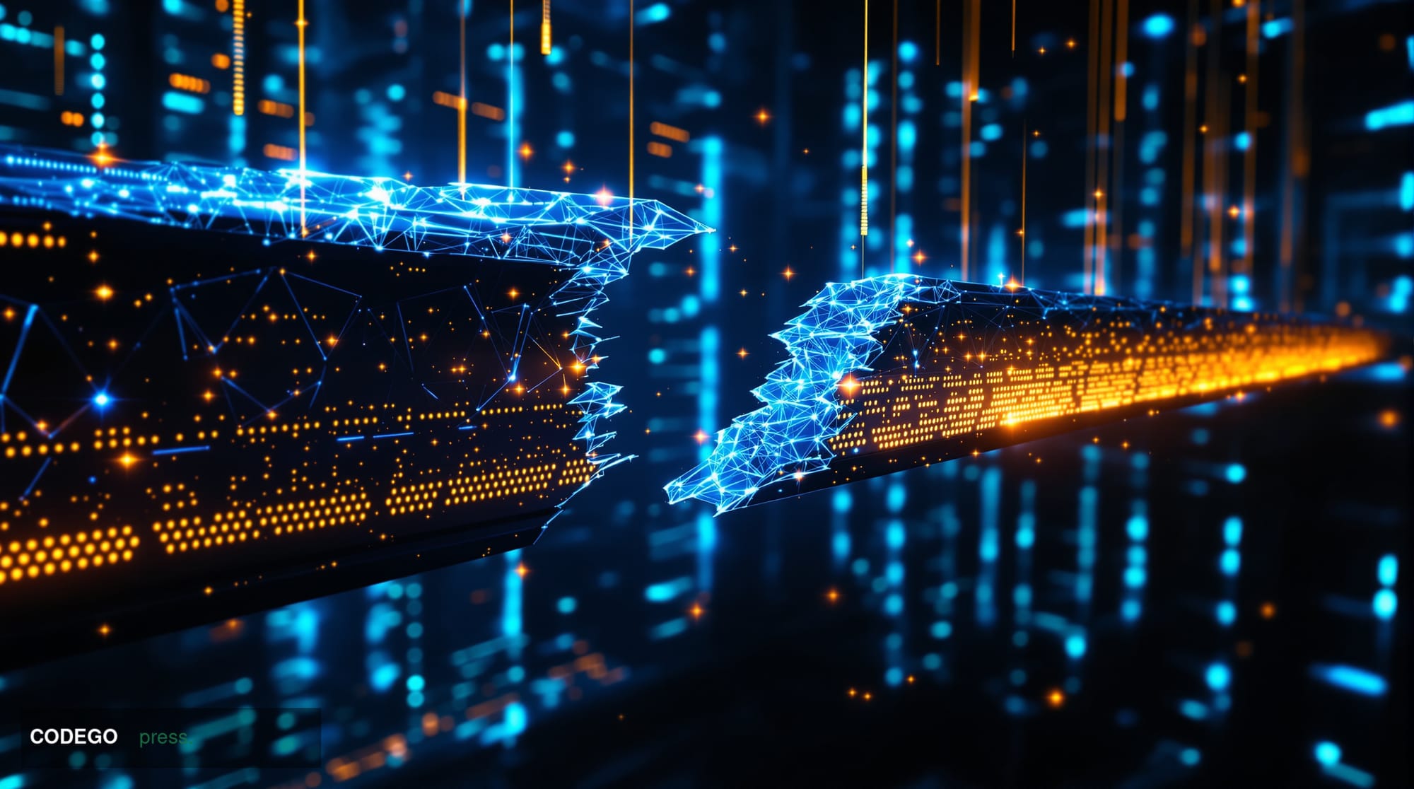 A dramatic cinematic editorial photograph of a fractured digital bridge rendered in glowing neon blue light, suspended above 