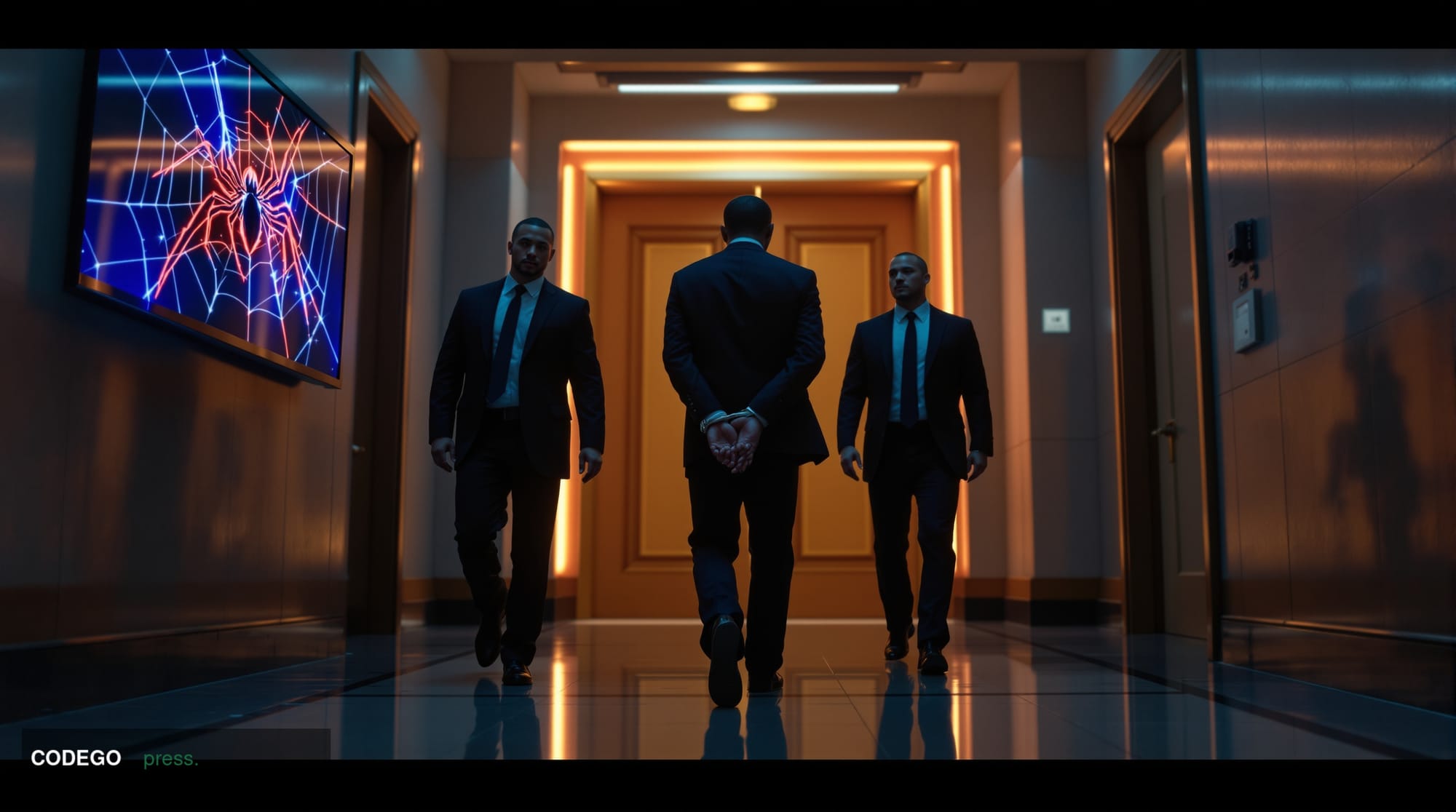 A cinematic editorial photograph set inside a stark, dimly lit federal courthouse corridor in the United States, featuring a 