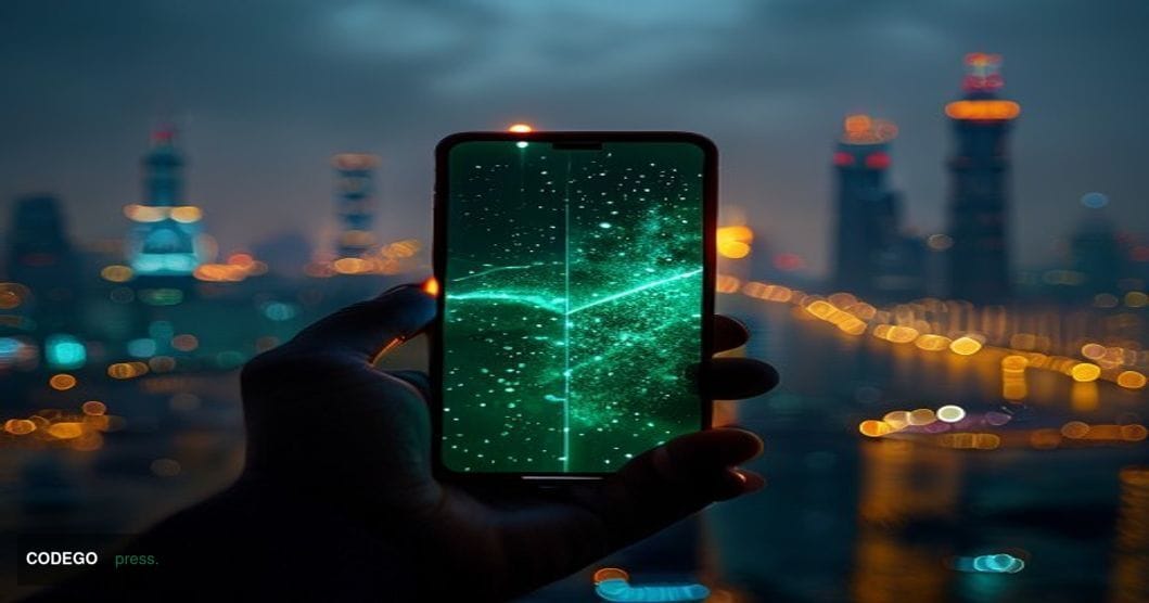 A cinematic editorial photograph of a glowing smartphone displaying the WeChat green logo on its screen, held in a human hand
