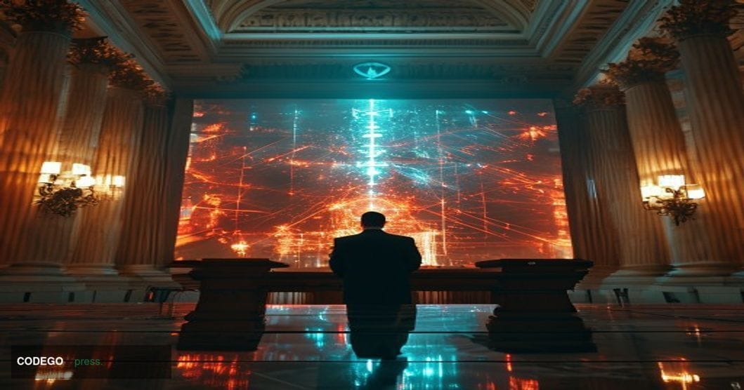 A dramatic cinematic editorial photograph set inside a monumental marble US federal regulatory chamber, viewed from a low ang