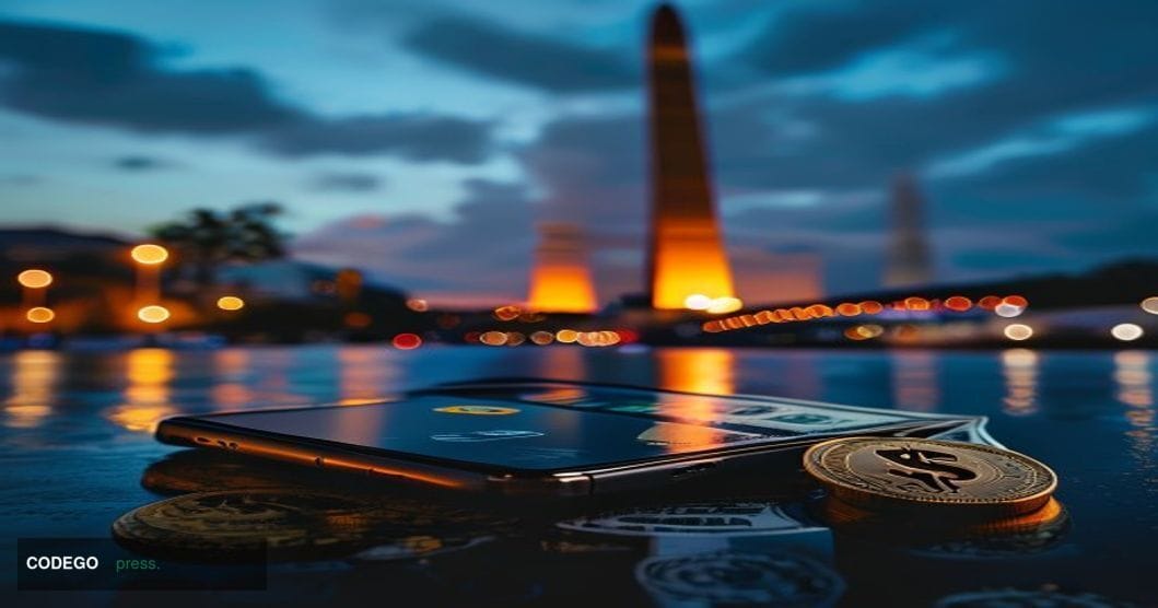 A cinematic editorial photograph set in Buenos Aires, Argentina, with the iconic Obelisco de Buenos Aires visible in the back